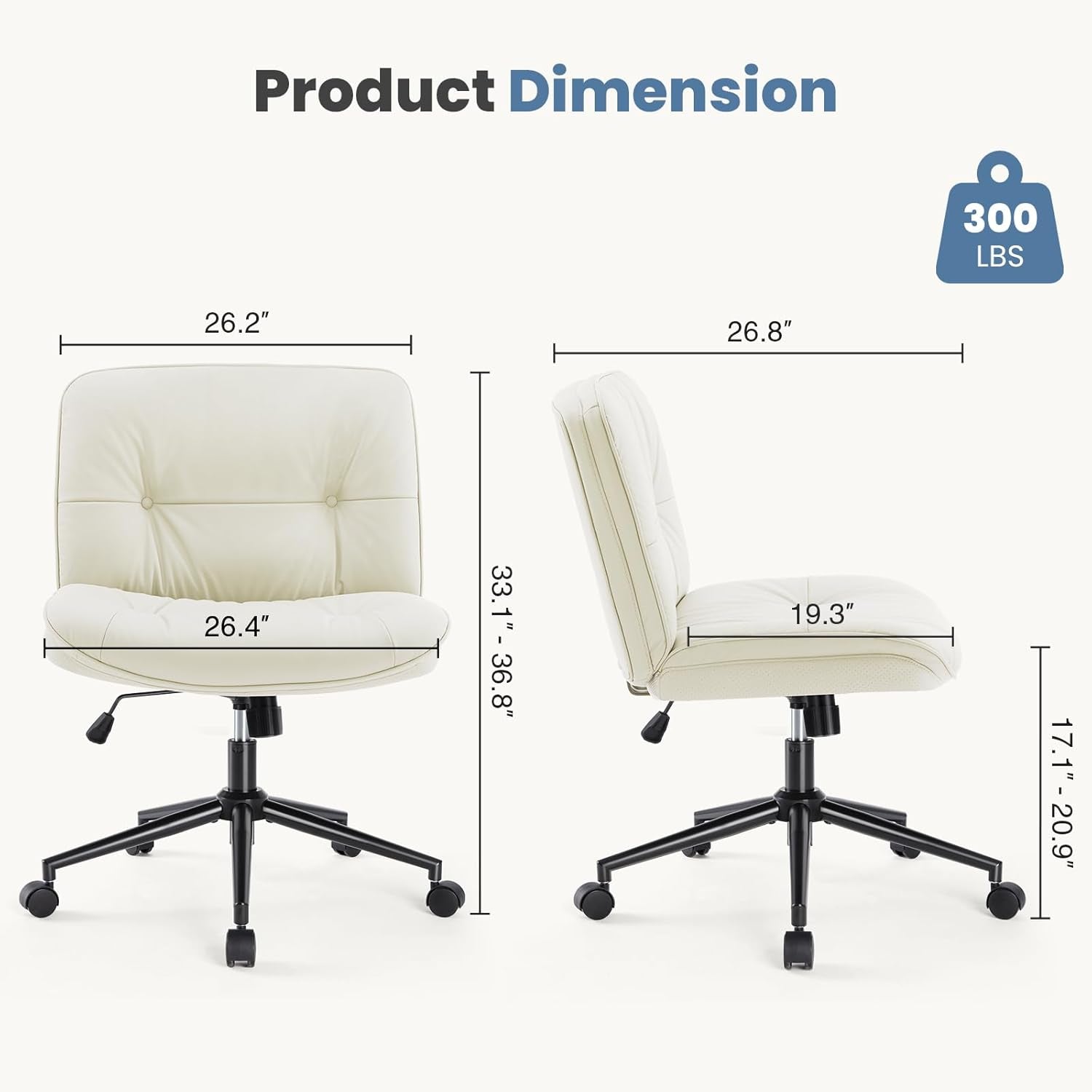 Criss Cross Chair with Wheels, Legged Office Armless Wide Seat, Adjustable Swivel Leather Task Vanity Home Office Desk Seating for Bedroom Dorm Student-1