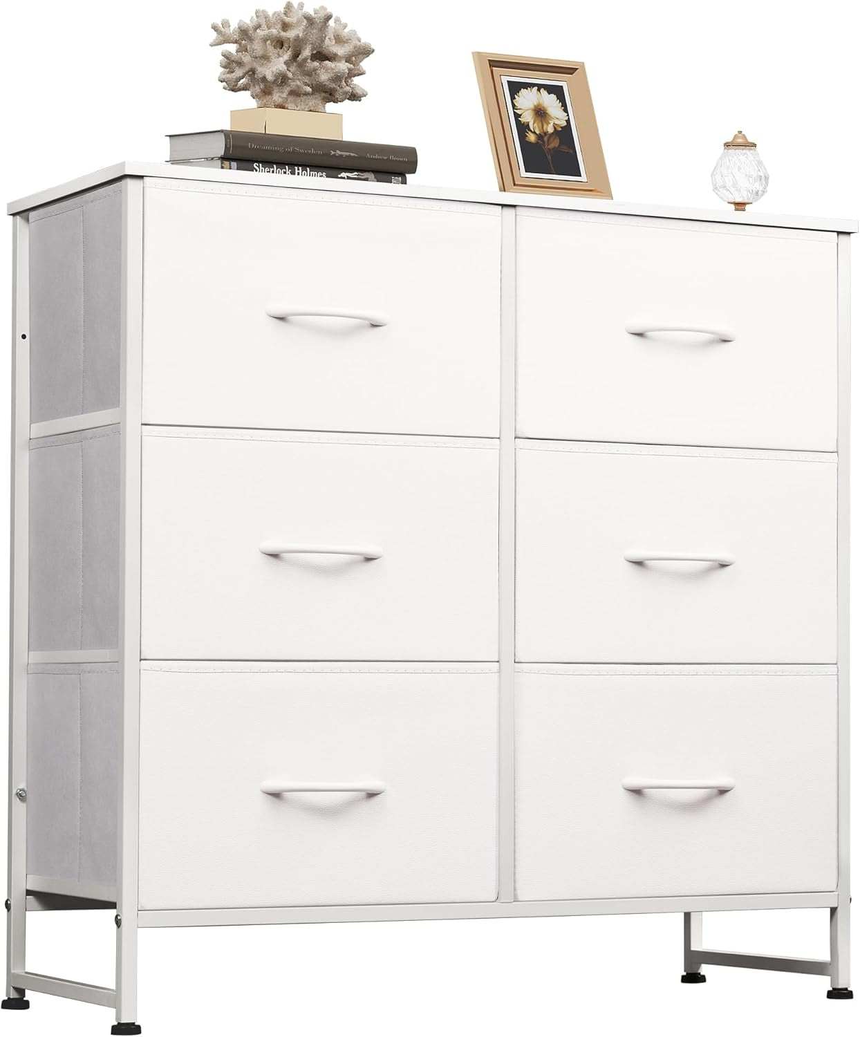 White Dresser for Bedroom, 6 Drawer Double Dresser, Fabric Storage Tower with Fabric Bins, Chest of Drawers for Closet, Living Room, Hallway-0