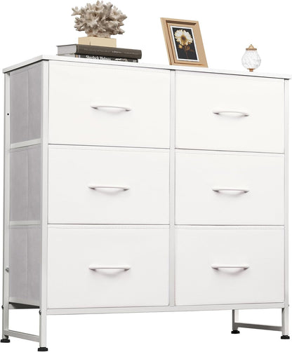 White Dresser for Bedroom, 6 Drawer Double Dresser, Fabric Storage Tower with Fabric Bins, Chest of Drawers for Closet, Living Room, Hallway-0