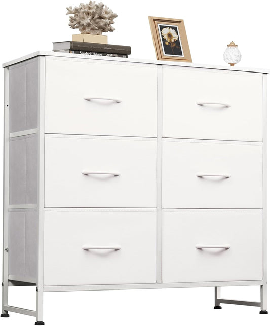 White Dresser for Bedroom, 6 Drawer Double Dresser, Fabric Storage Tower with Fabric Bins, Chest of Drawers for Closet, Living Room, Hallway-0