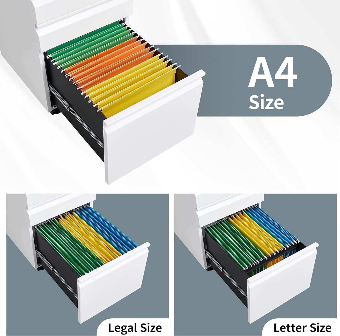3 Drawer File Cabinet with Lock, File Cabinets for Home Office,Under Desk Cabinet, Locking File Cabinet for A4/Letter/Legal, Fully Assembled Expect Casters, Matte White-4