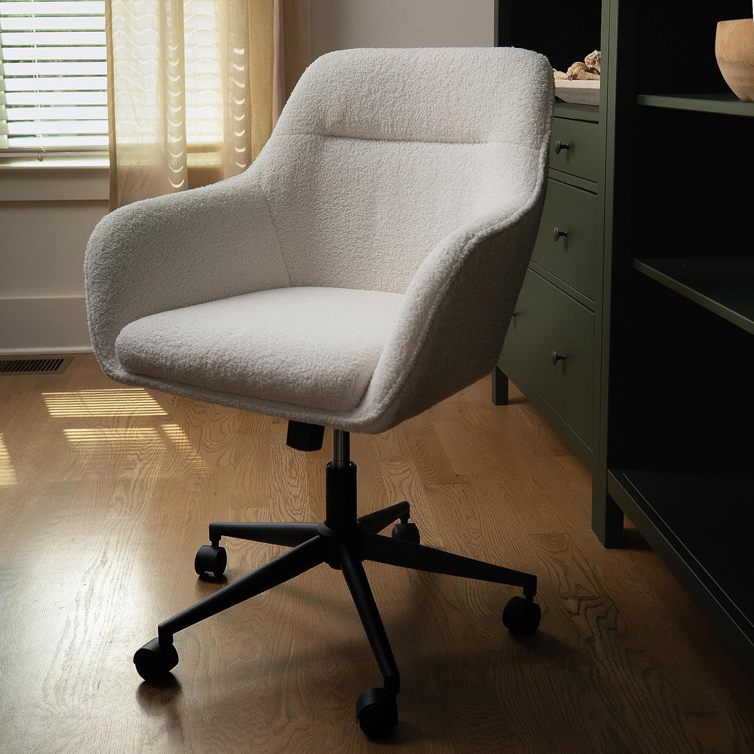 Rayna Swivel Task Chair with Flared Arms for Home Office in White Boucle with Oil Rubbed Bronze Frame-1