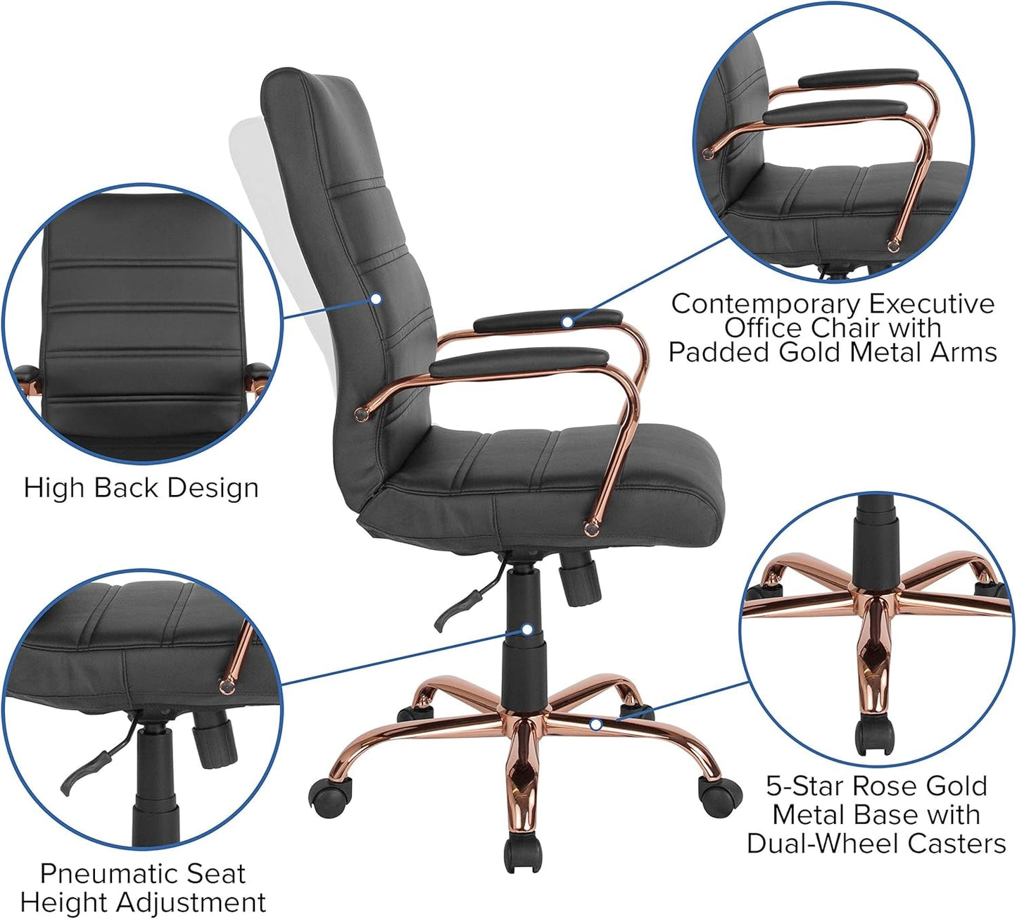 Whitney High-Back Swivel Leathersoft Desk Chair with Padded Seat and Armrests, Adjustable Height Padded Office Chair, Black/Rose Gold-3