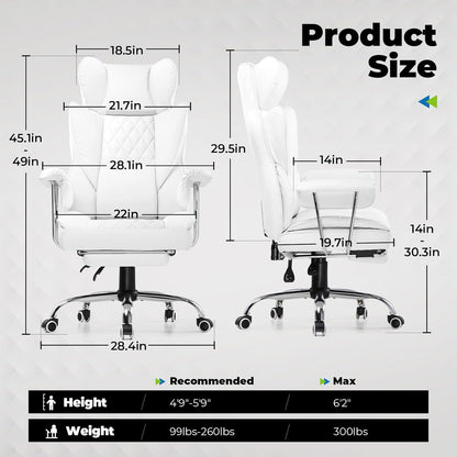 Big and Tall Gaming Chair with Pocket Spring Lumbar Support, Ergonomic Office Chair with Footrest, Executive Desk Chair with Outward Fixed Soft Armrests, Computer Chair with High Back, White-1