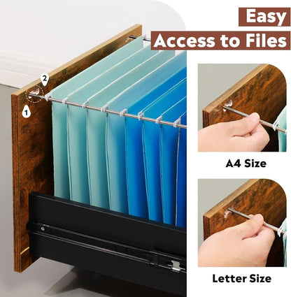 3 Drawer Rolling File Cabinet with Lock, Wood Filing Cabinet Fits Letter / A4 Size for Home Office, Rustic Brown-4