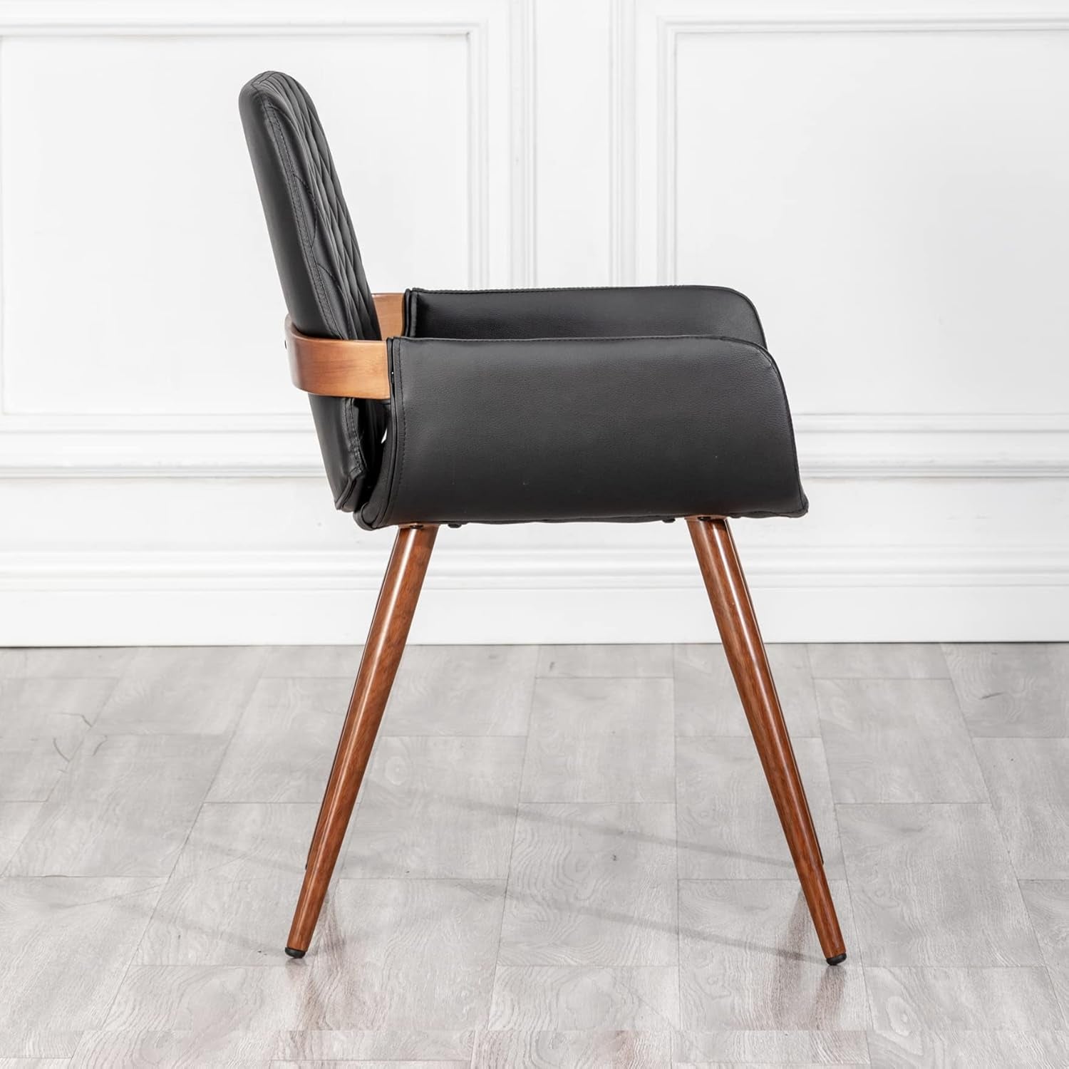 Mid Century Modern Faux Leather Dining Chairs Set of 2, Black, Upholstered Seat, Metal Legs, Adjustable Foot for Kitchen Dining Room Desk Chairs-4