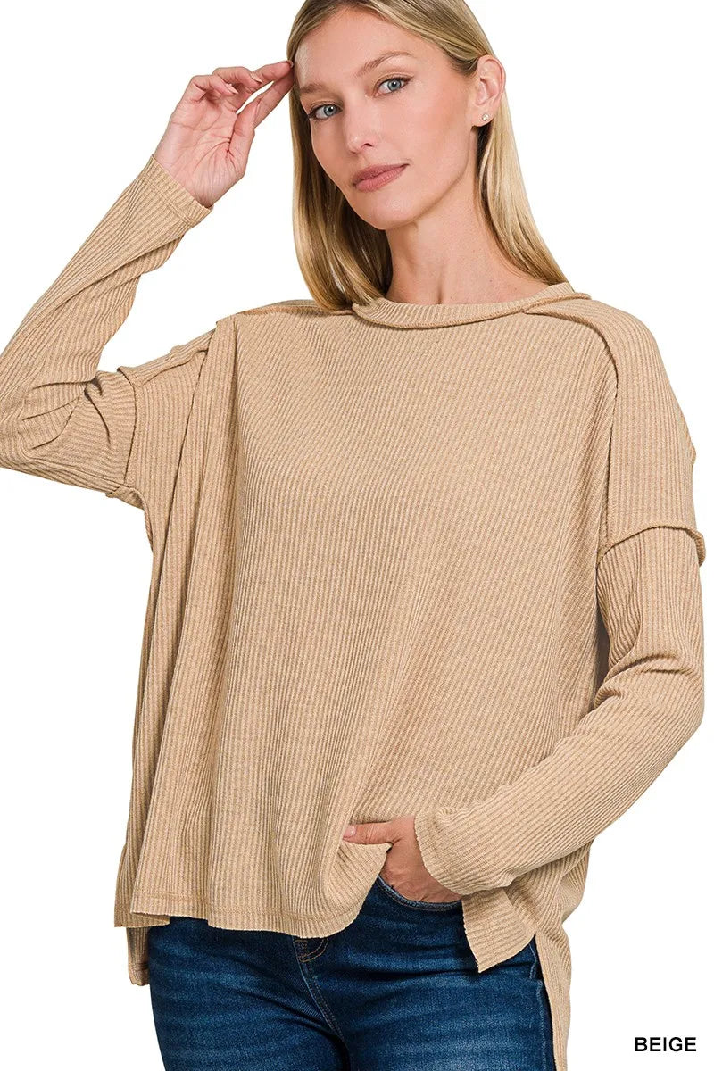 Zenana Ribbed Drop Shoulder Round Neck Sweater