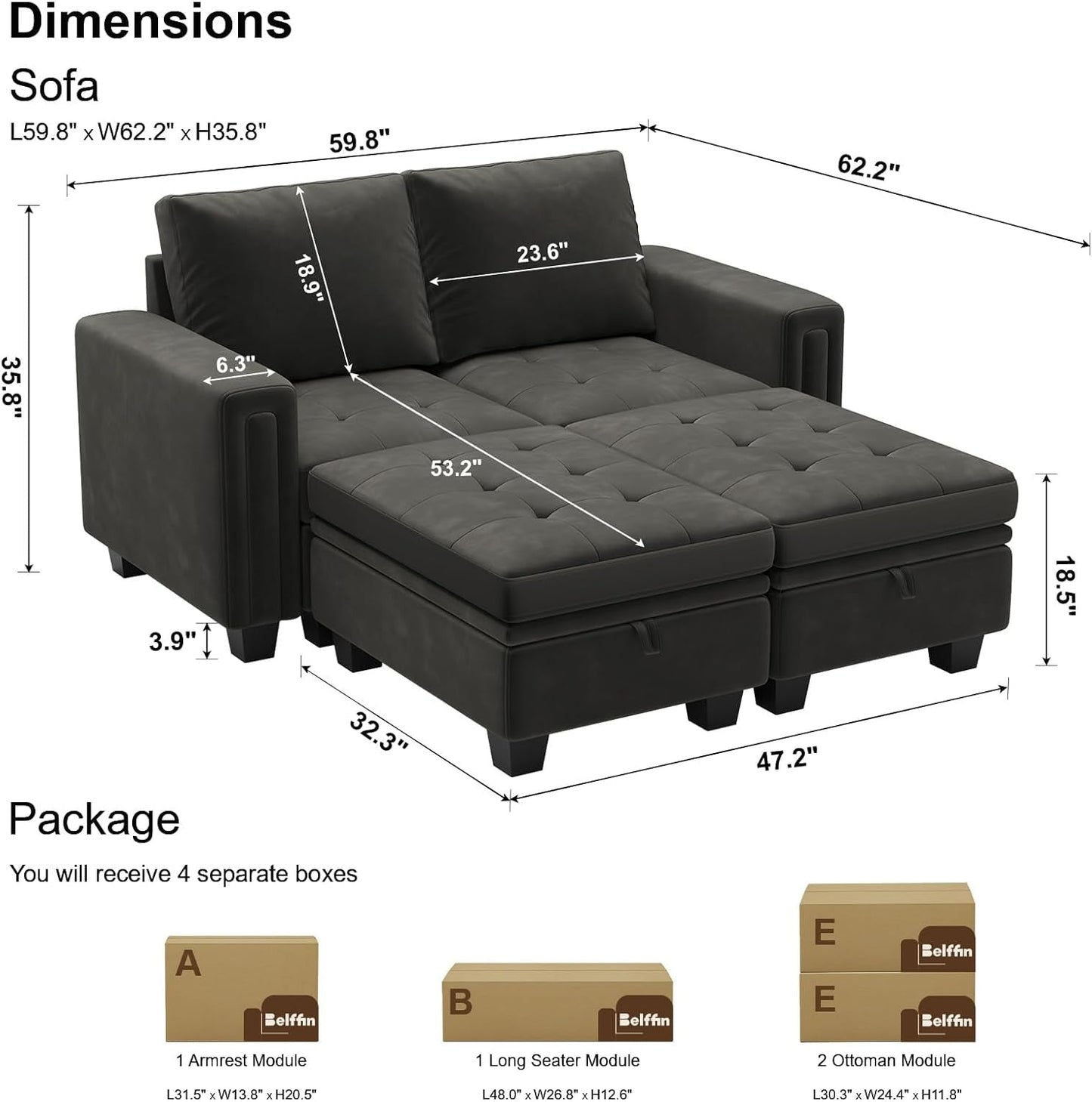 Velvet Modular Sectional Sofa Couch with Storage Convertible Sectional Sleeper Sofa Couch Bed Set with Reversible Chaise Grey-1