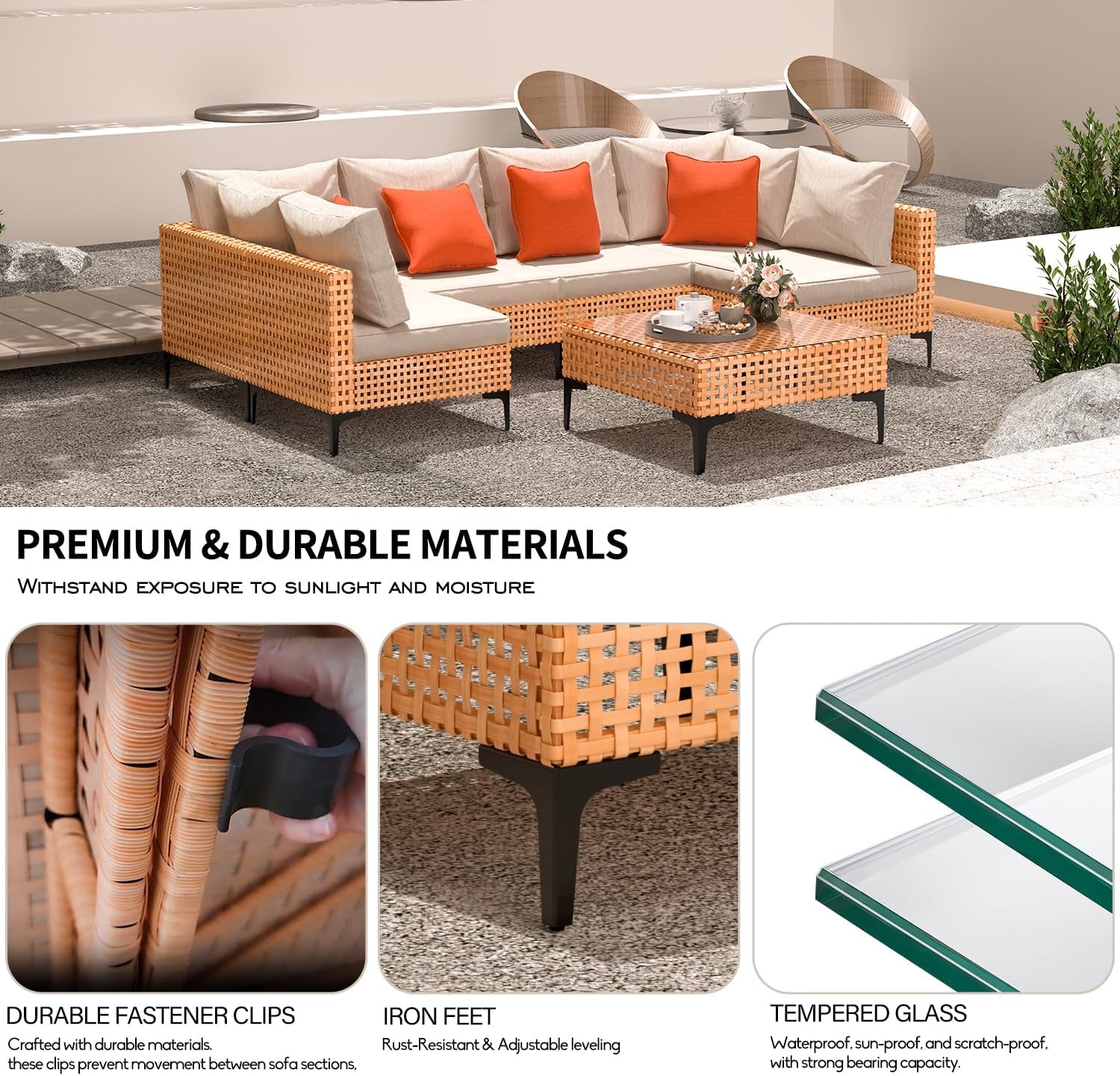 5 Piece Outdoor Patio Furniture Set Modular Outdoor Furniture Set Wicker Outdoor Sectional Sofa with Cushions Table Patio Set for Balcony Porch Deck Yard (Salmon&Orange Wicker, Sand Cushion)-2