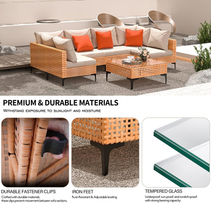 5 Piece Outdoor Patio Furniture Set Modular Outdoor Furniture Set Wicker Outdoor Sectional Sofa with Cushions Table Patio Set for Balcony Porch Deck Yard (Salmon&Orange Wicker, Sand Cushion)-2