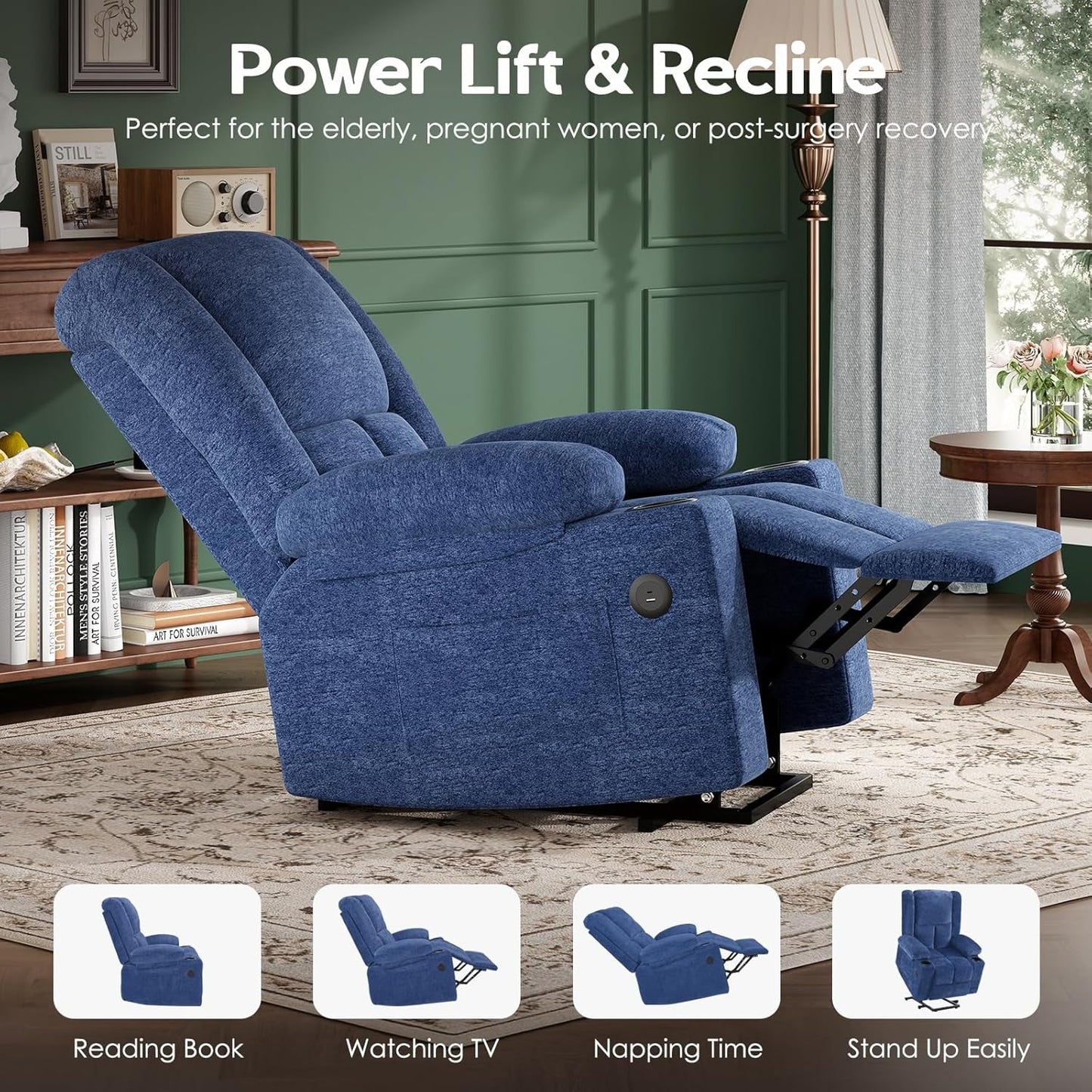 Power Lift Recliner Chair with Massage and Heat for Elderly People, USB Ports and Cup Holders-4