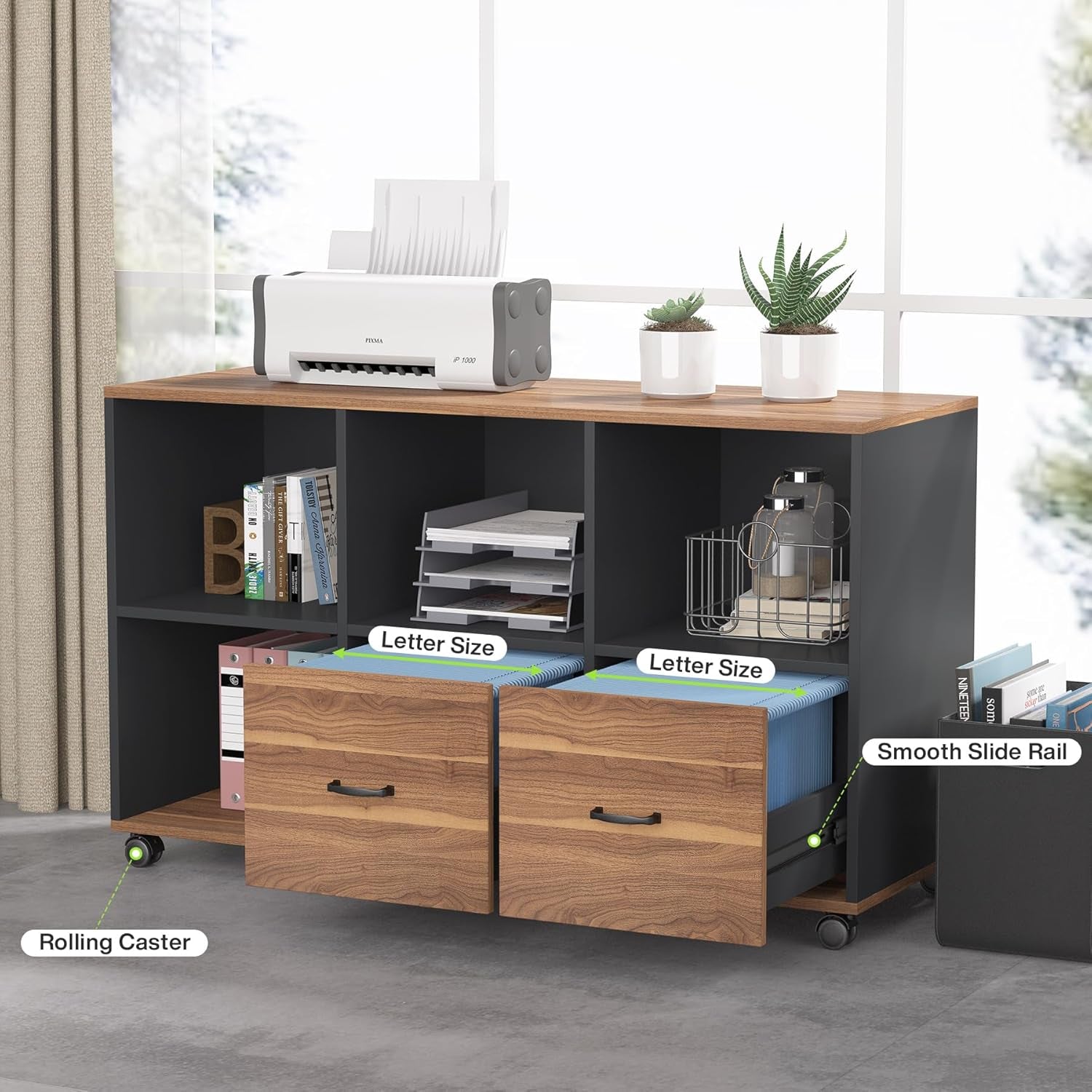 63 Inches Executive Desk and 47" Lateral File Cabinet, L-Shaped Computer Desk Home Office Business Furniture with Drawers and Storage Shelves, Office Table,Brown and Black-3