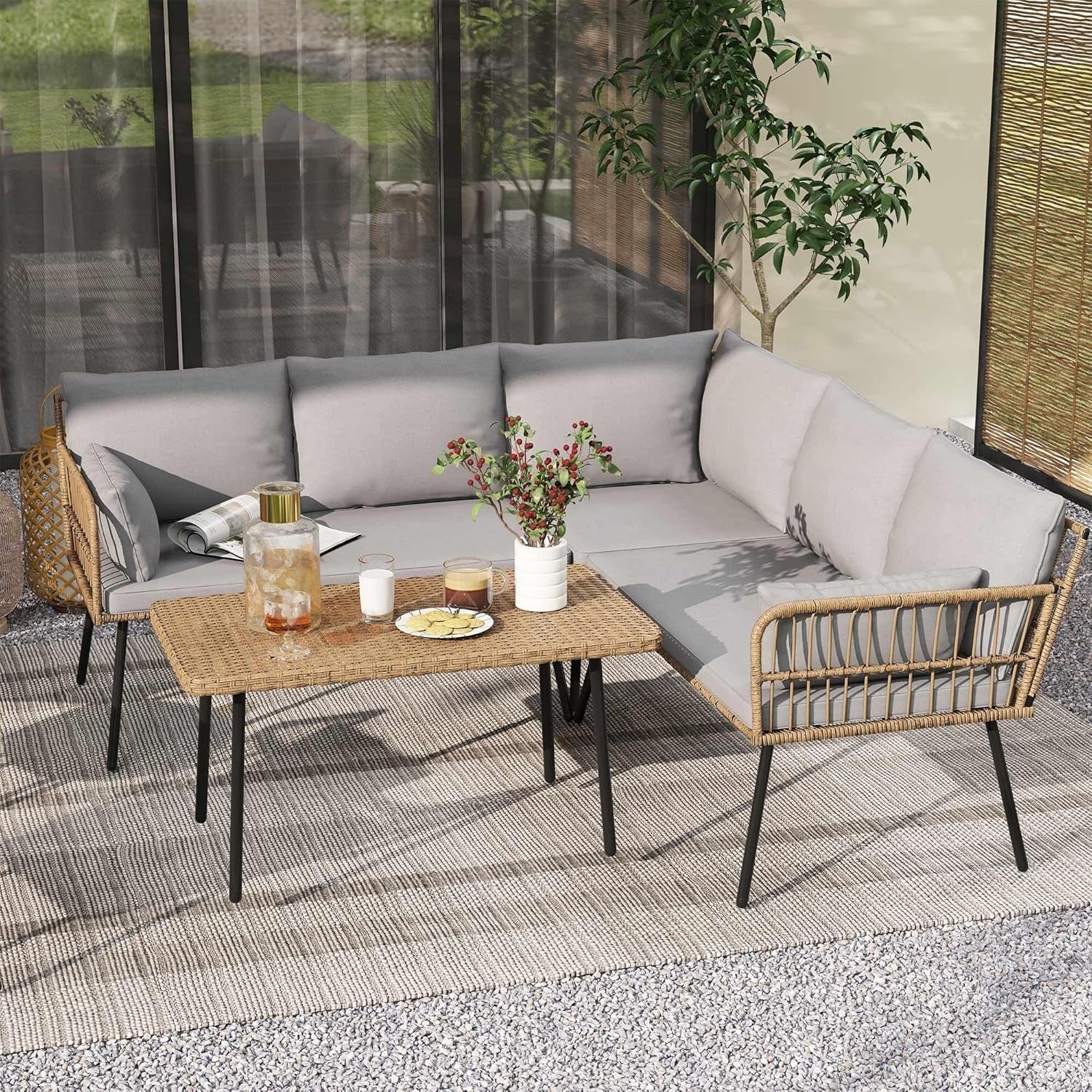 Patio Furniture Set, 4 Pieces Wicker Outdoor Conversation Set Sectional L-Shaped Sofa with 5 Seater for Backyard, Porch, Boho Detachable Lounger with Cushions and Side Table - Grey-1