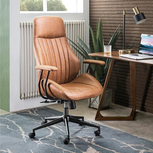 Ergonomic Home Office Chair, Mid-Century Modern Leather Chair with Lumbar Support, High Back Swivel Rolling Executive Chair, Comfy Task Computer Desk Chair (Brown, Suede Leather)-0