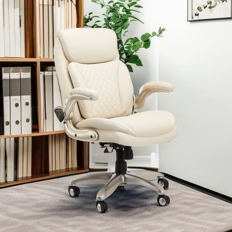 Ergonomic Desk Office Chair, Flip-Up Armrests, Adjustable Height, Cream Leather-1