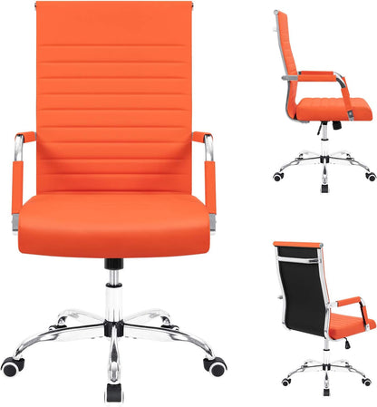 Ribbed Office Desk Chair Mid-Back Leather Executive Conference Task Chair Adjustable Swivel Chair with Arms (Orange)-3