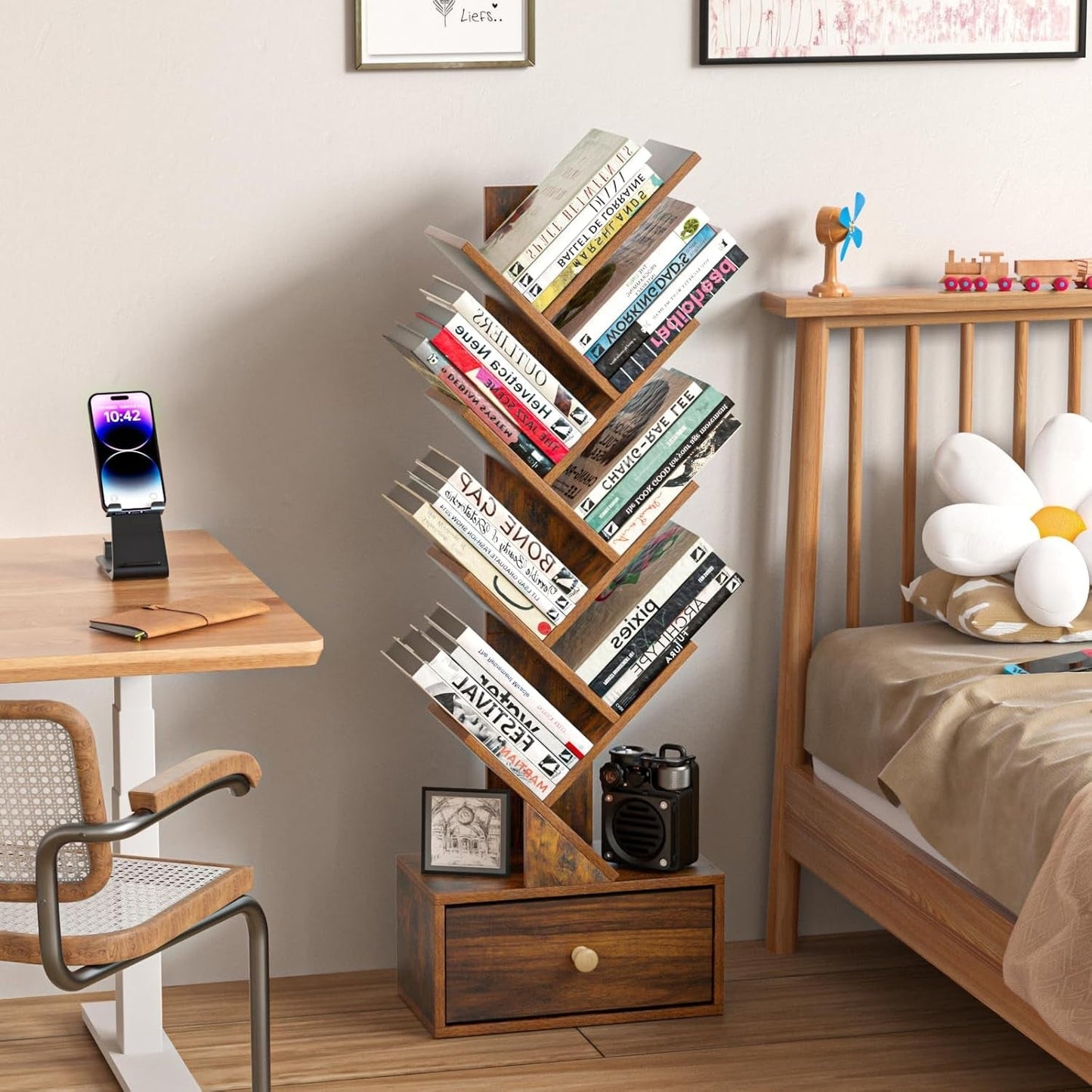8 Tier Tree Bookshelf with Drawer, Free Standing Wood Bookcase for Narrow Space, Storage Organizer Bookshelves for Books, Book Case for Home Office, Living Room, Bedroom, Rustic Brown-1