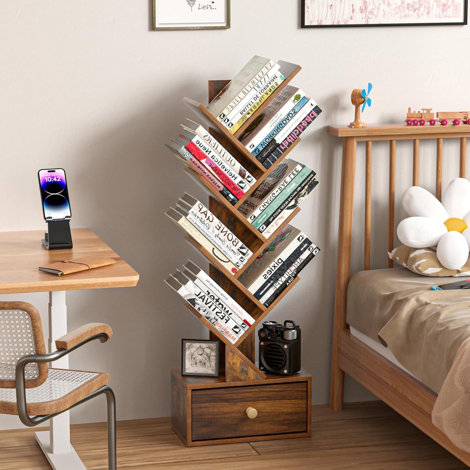 8 Tier Tree Bookshelf with Drawer, Free Standing Wood Bookcase for Narrow Space, Storage Organizer Bookshelves for Books, Book Case for Home Office, Living Room, Bedroom, Rustic Brown-1