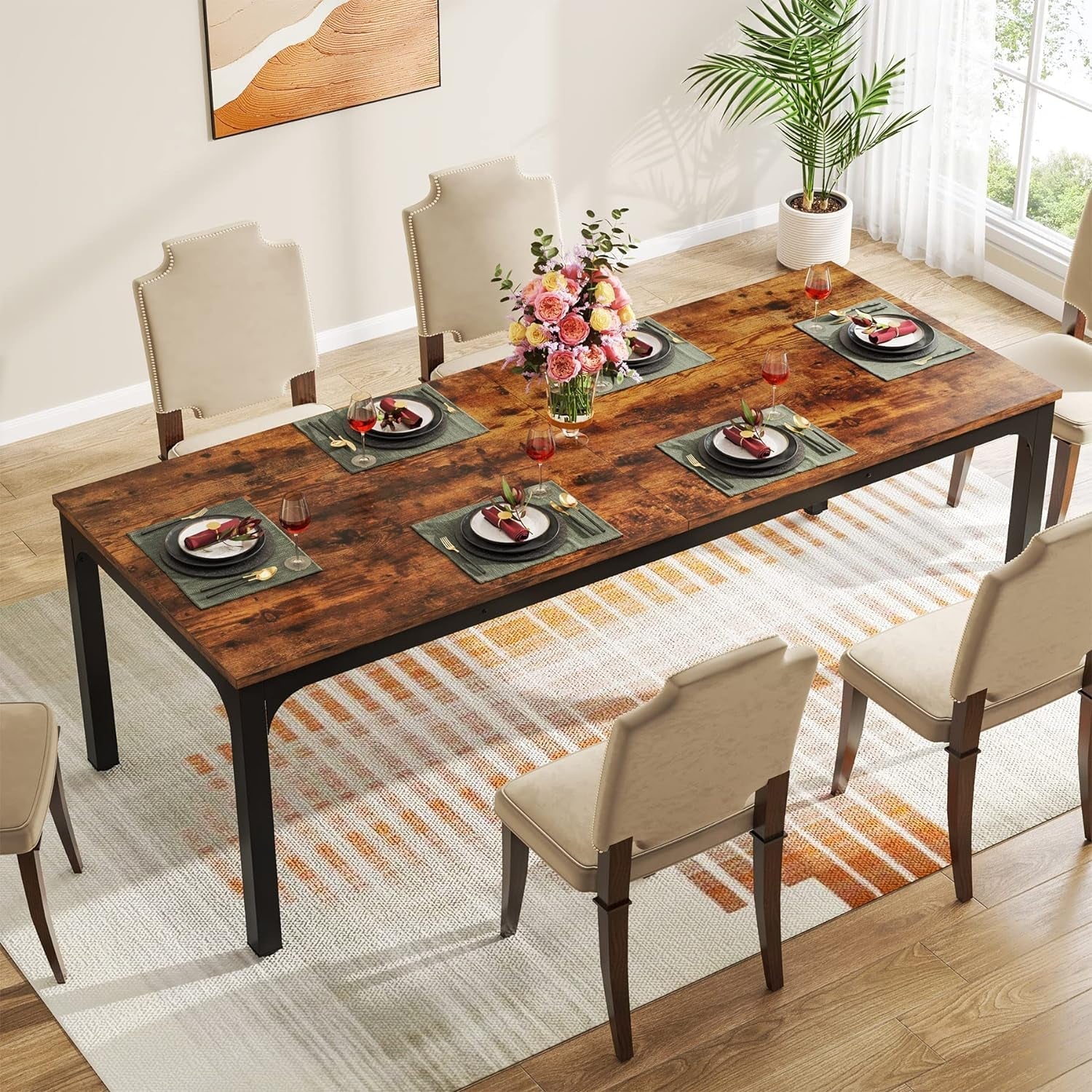 Dining Table for 6-8 People, 78 Inch Large Narrow Long Rectangular Kitchen Dinner Table, 8 Seat Rustic Wood Dining Table for Dining Room, 78.7 X 27.5 X 29.5 Inches(Only Table)-2