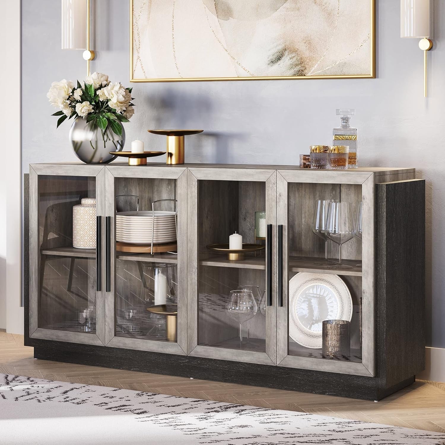Sideboard Buffet Cabinet, Modern Wood Glass-Buffet-Sideboard with Storage, Console Table for Kitchen, Dining Room, Living Room, Hallway, or Entrance - Brixston (Grey)-1