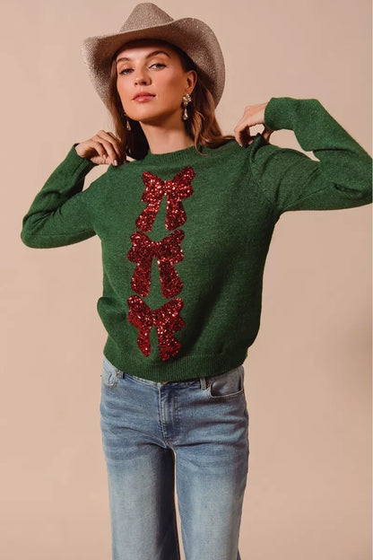 SO ME Sequins Bow Ribbon Embellished Christmas Sweater