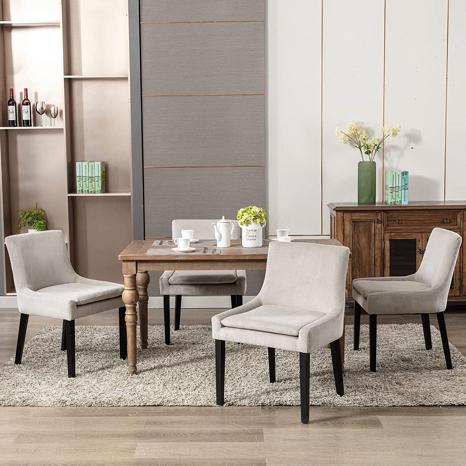 Set of 6 Beige Corduroy Dining Chairs with Wood Legs-1