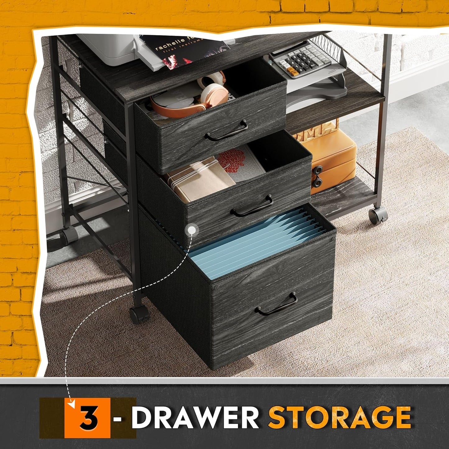 3 Drawer Mobile File Cabinet, Rolling Printer Stand with Open Storage Shelf, Fabric Lateral Filing Cabinet Fits A4 or Letter Size for Home Office, Charcoal Black Wood Grain Print-3