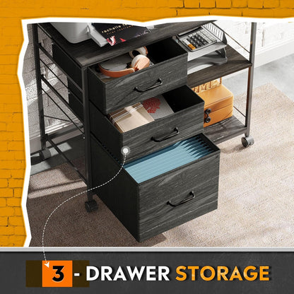 3 Drawer Mobile File Cabinet, Rolling Printer Stand with Open Storage Shelf, Fabric Lateral Filing Cabinet Fits A4 or Letter Size for Home Office, Charcoal Black Wood Grain Print-3