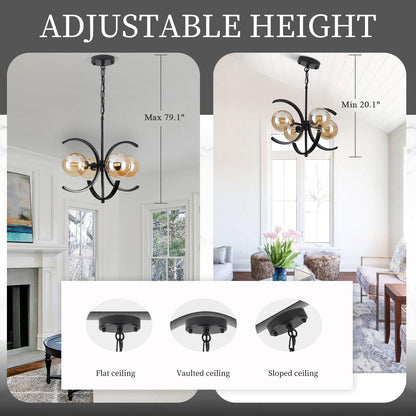 Black Sputnik Chandelier 4 Light Amber Glass Globes-3