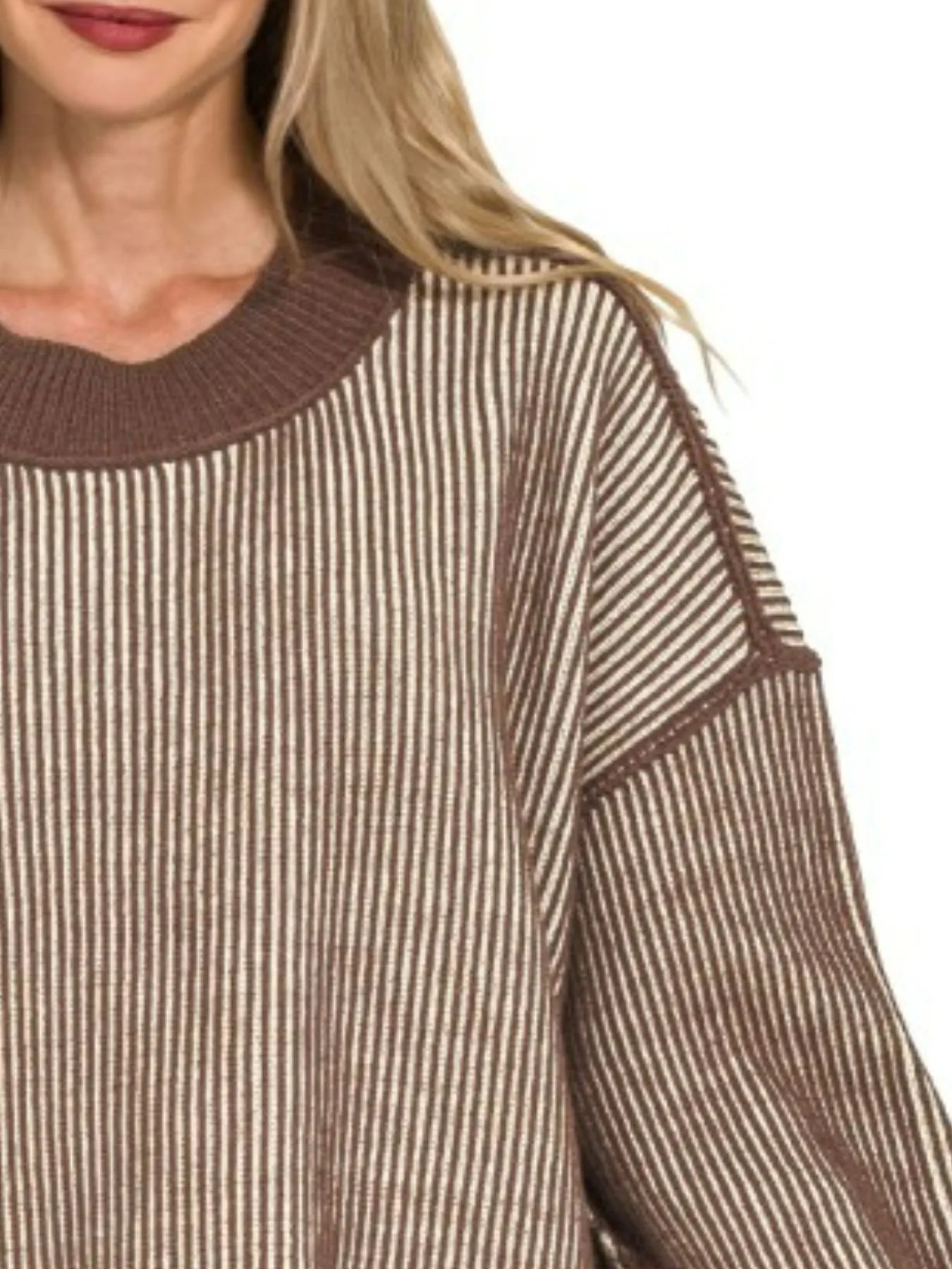 Zenana Exposed Seam Two Tone Ribbed Sweater