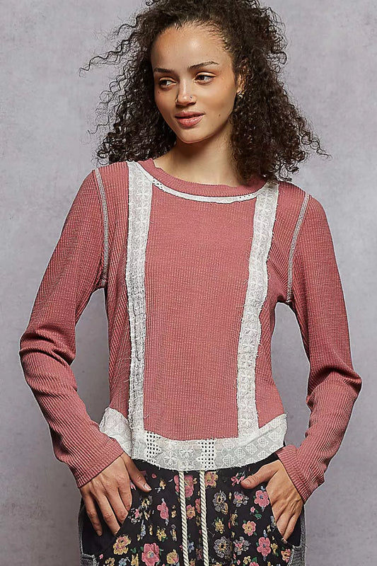 POL Contrast Round Neck Long Sleeve Ribbed Top with Eyelet Patch