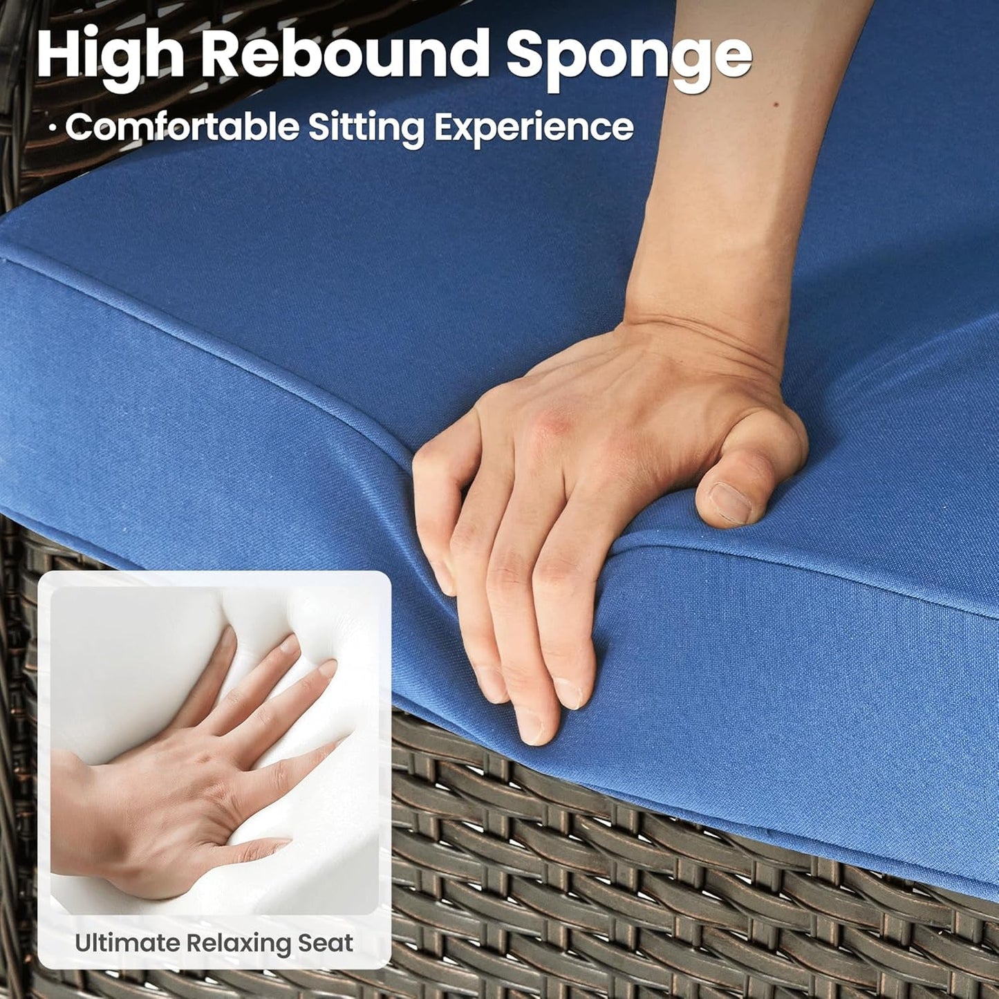 5-Pieces Patio Furniture Set, Outdoor Wicker Sofa Couch with Chairs Ottomans Comfy Cushions, All Weather Modern High Back Conversation Set, Brown Rattan, Navy Blue-3