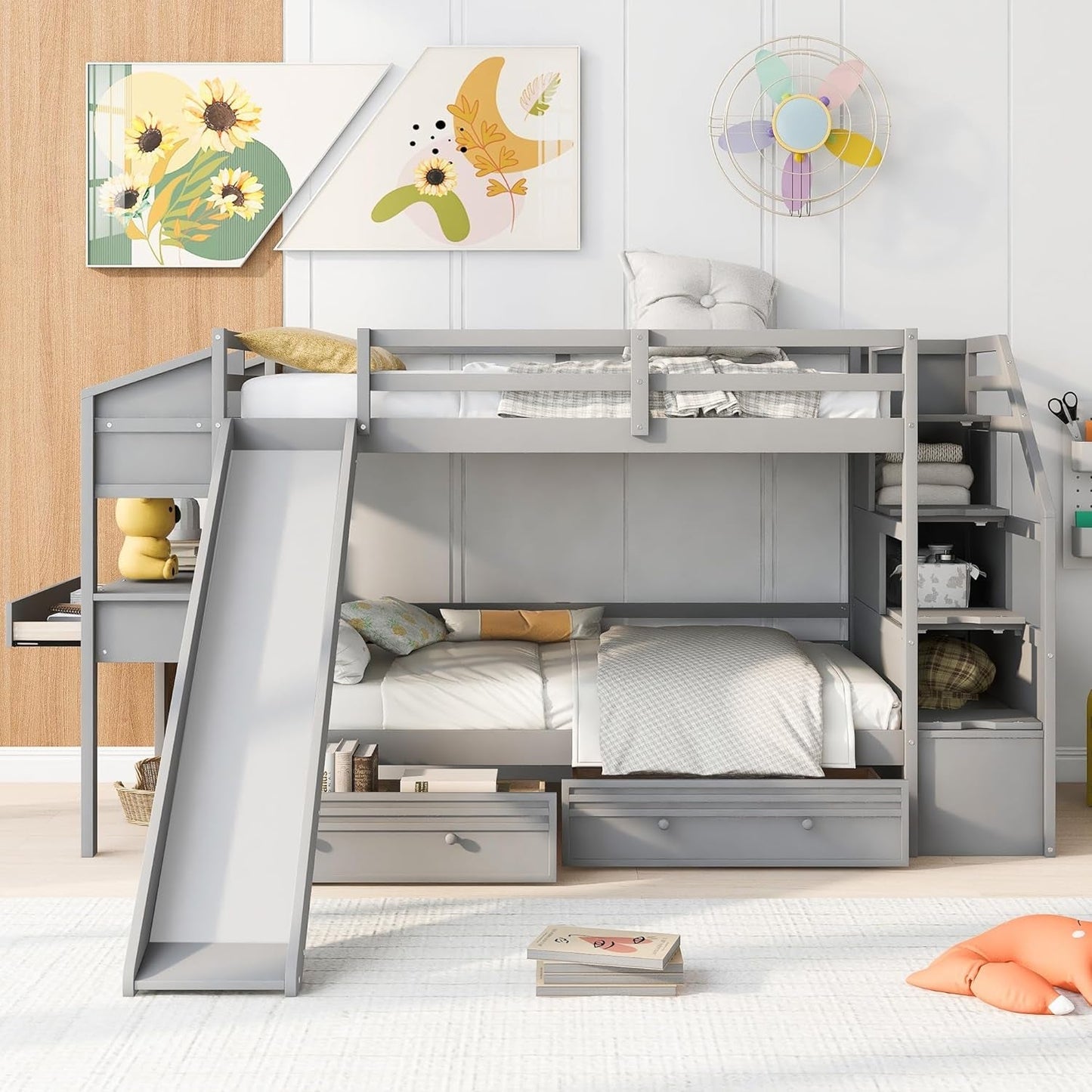 Twin over Twin Bunk Bed with 4 Drawers and Storage Staircase, Wood Bed Frame with Desk and Shelves, Twin Beds with Slide and Full-Length Guardrails for Kid'S Room or Dormitory, Gray-3
