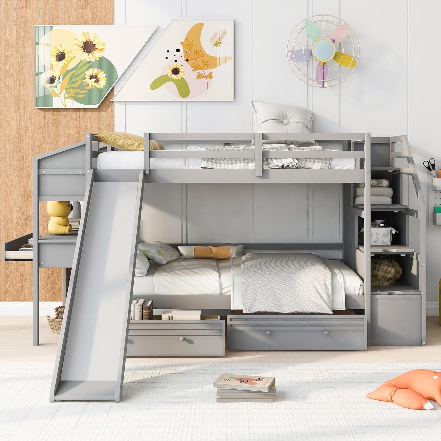 Twin over Twin Bunk Bed with 4 Drawers and Storage Staircase, Wood Bed Frame with Desk and Shelves, Twin Beds with Slide and Full-Length Guardrails for Kid'S Room or Dormitory, Gray-3