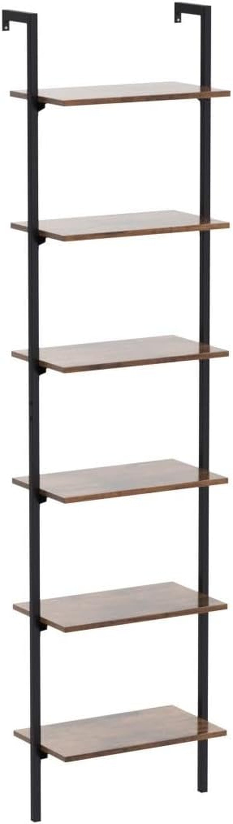 6-Tier Ladder Shelf, 87 Inches Wall Mounted Ladder Bookshelf with Metal Frame, Open Industrial Shelves for Home Office, Bedroom and Living Room, Rustic Brown-2