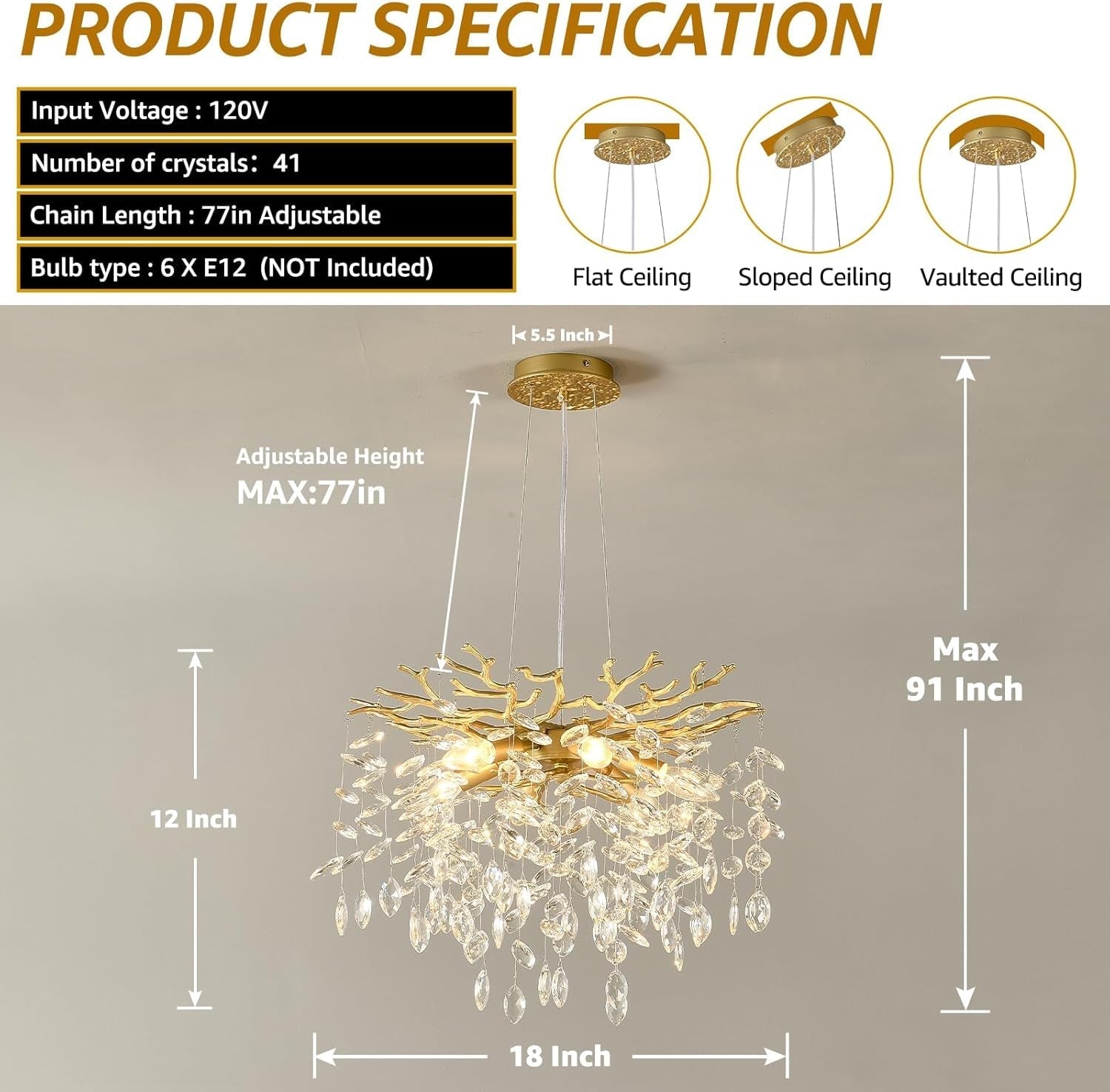 Gold Crystal TreeBranch Chandelier Luxurious 18 Inch-3