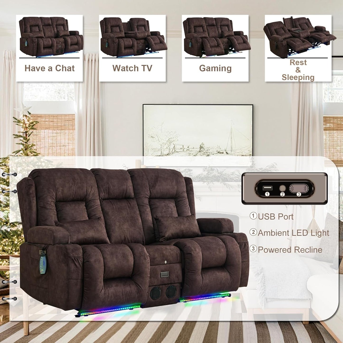 Power Loveseat Recliner Sofa with Massage & Heat Home Theater Seating with Console RV Recliner Loveseat Sofa with Usb/Outlet/Storage/Side Pocket/Led Light/Speaker (Velvet, Brown)-3