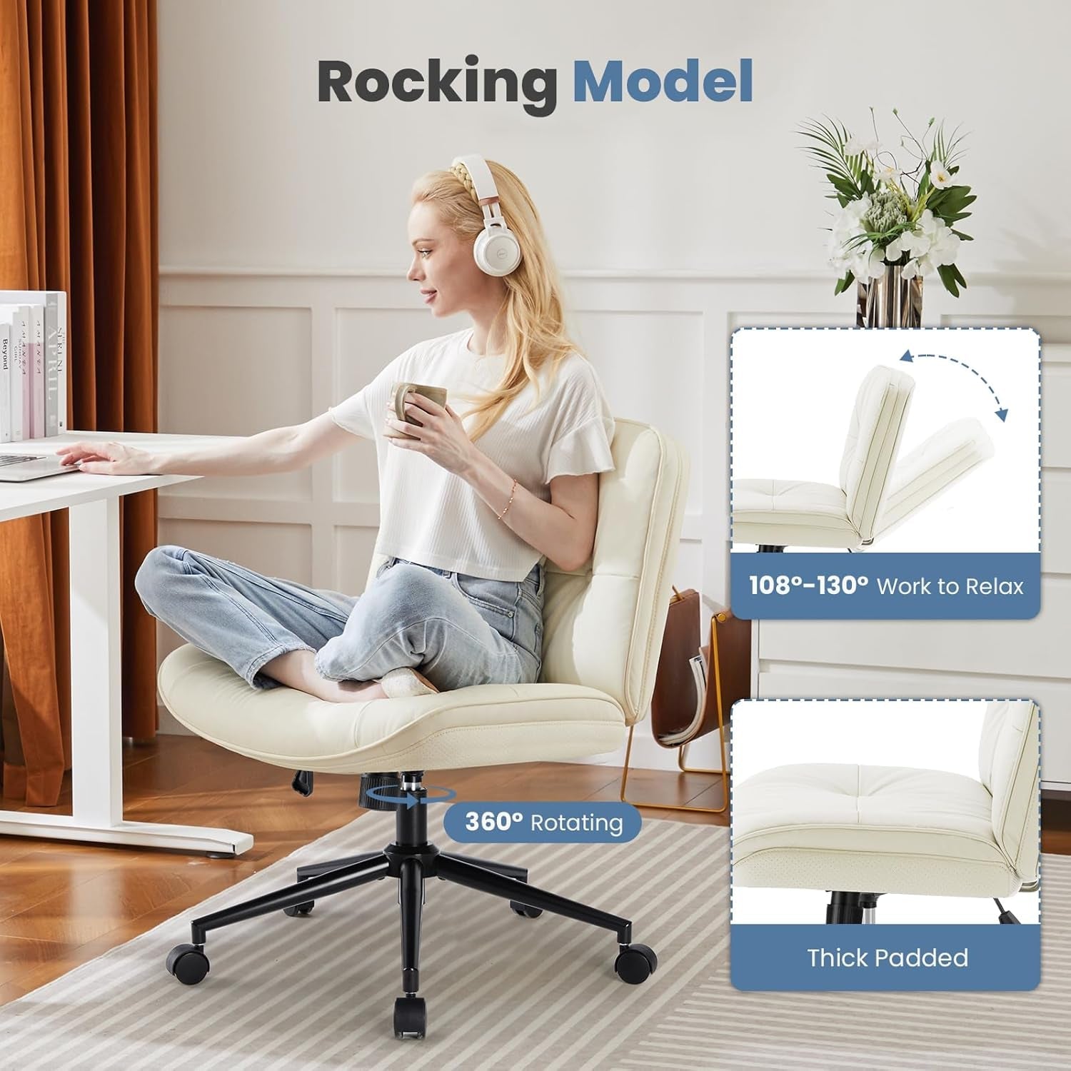 Criss Cross Chair with Wheels, Legged Office Armless Wide Seat, Adjustable Swivel Leather Task Vanity Home Office Desk Seating for Bedroom Dorm Student-2