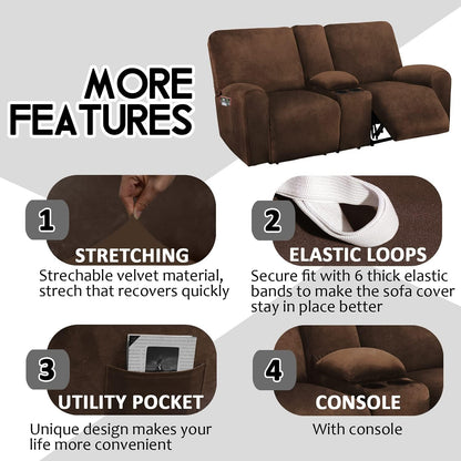 Reclining Loveseat Cover 8-Piece Velvet Stretch, Chocolate-3