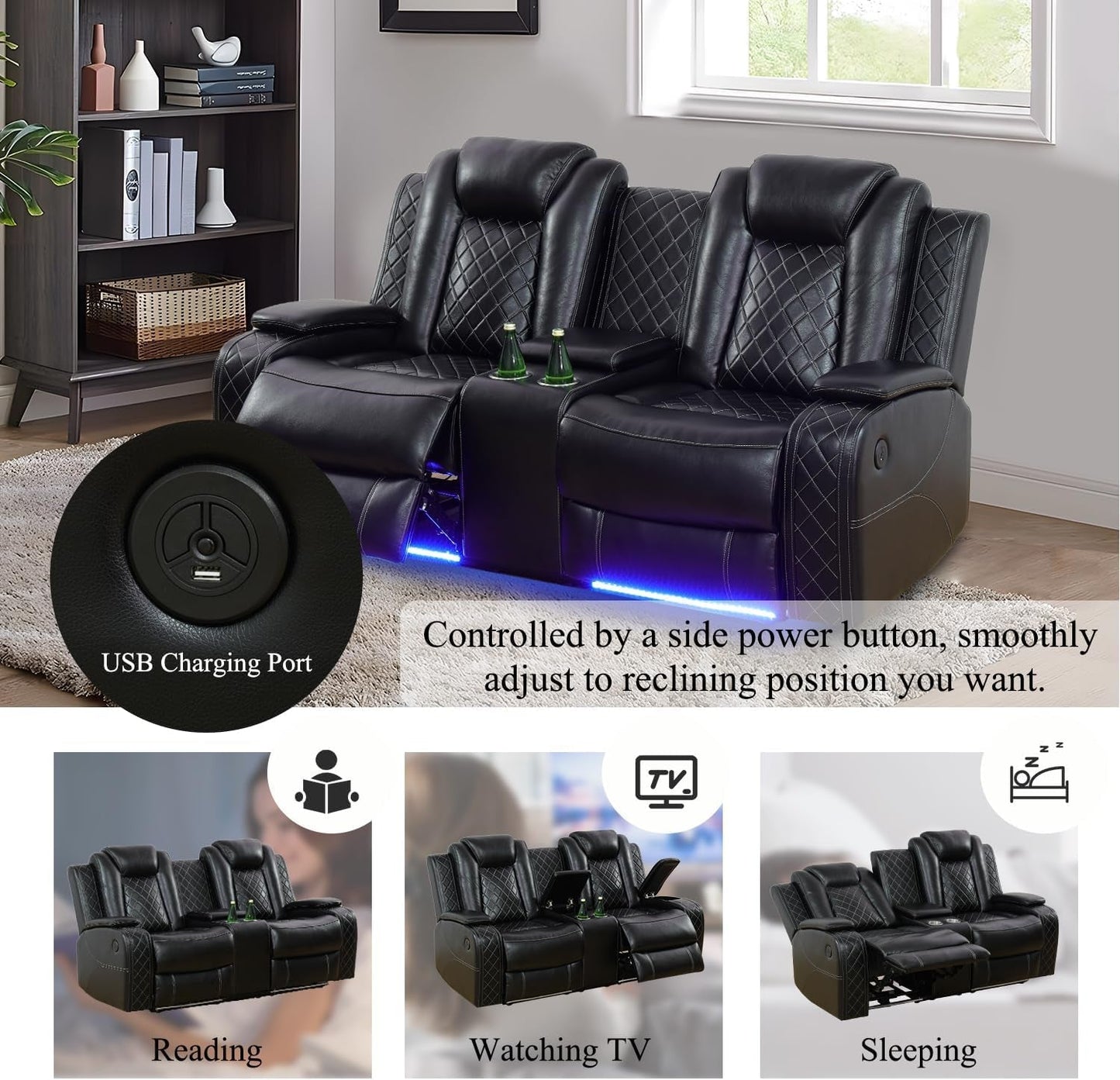 Leather Power Recliner Sofa Set with LED, Living Room Furniture Set, Leather Sofa Set with USB Port Storage Console Cup Holder (Power Reclining Sofa Set, Black)-3
