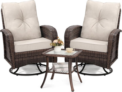2 Luxury Outdoor Swivel Wicker Glider Patio Chairs with Table Set, Overstuffed Washable Cushions, Ideal for Porch, Balcony, Deck, Brown Rattan and Beige Cushions-0