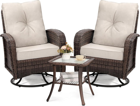 2 Luxury Outdoor Swivel Wicker Glider Patio Chairs with Table Set, Overstuffed Washable Cushions, Ideal for Porch, Balcony, Deck, Brown Rattan and Beige Cushions-0