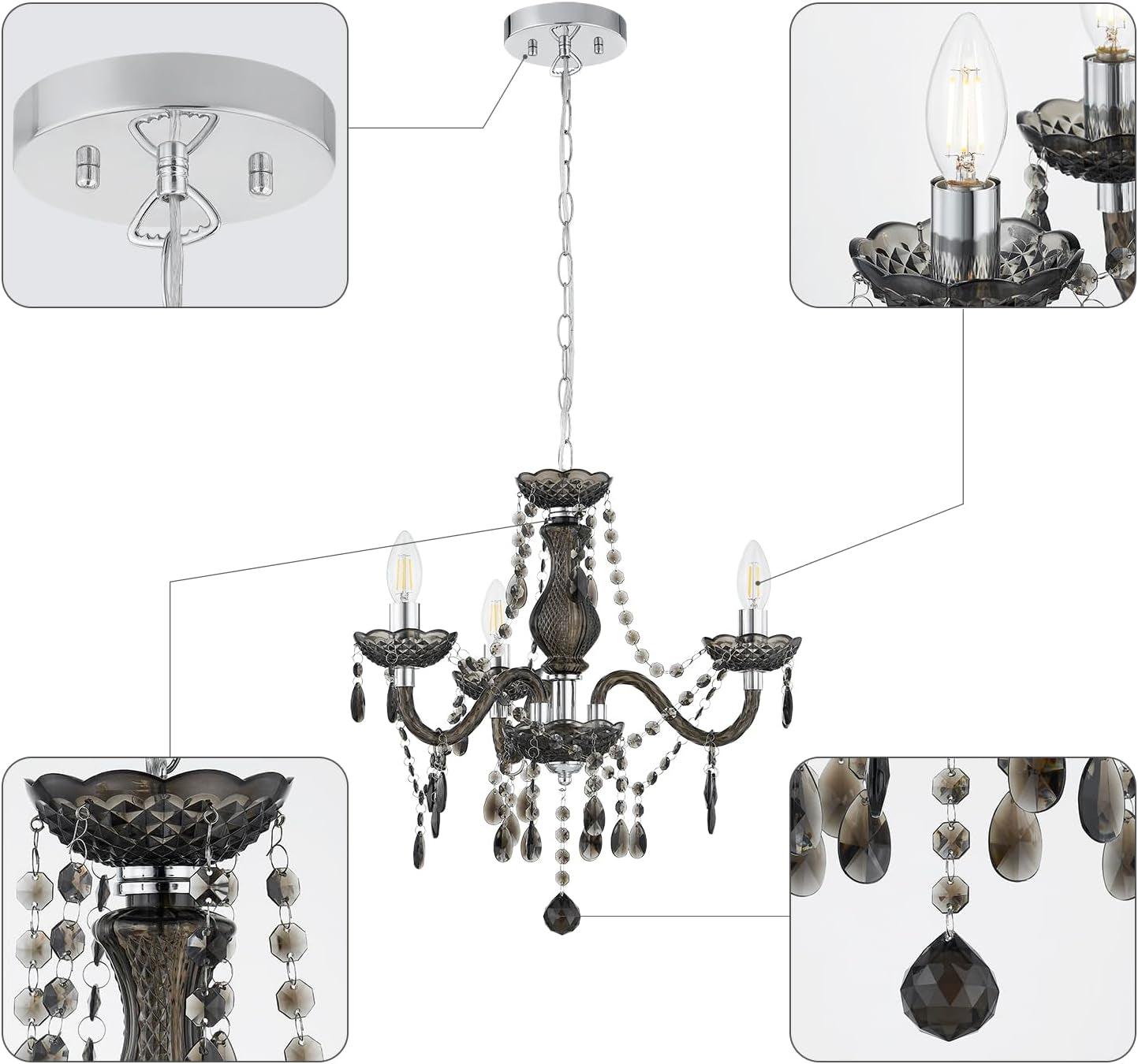 Black Small CrystalChandelier Dimmable 3 Light Pendant-3