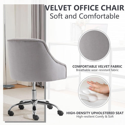 Velvet Office Swivel Chair, Vanity Chair, Fabric Desk Chair, Pretty Fancy Chair, Gold Office Chair for Girls, 360°Swivel Height Adjustable Reception Chair (Grey)-3