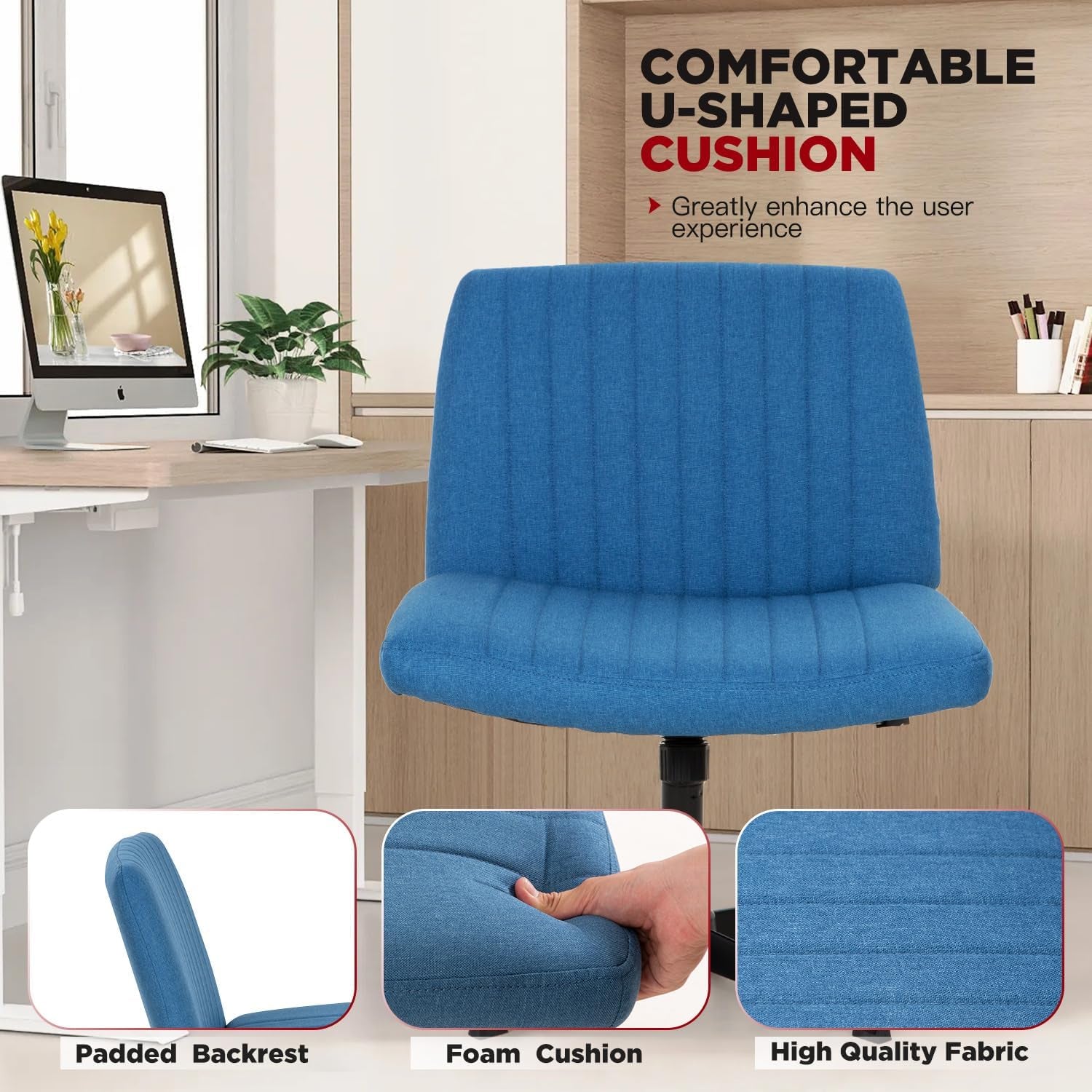 Criss Cross Chair,Armless Cross Legged Office Chair,Wide Comfty Desk Chair with No Wheels Modern Height Adjustable,Swivel Fabric Vanity Chair Computer Task Chair (Pack of 1, Dark Blue)-4