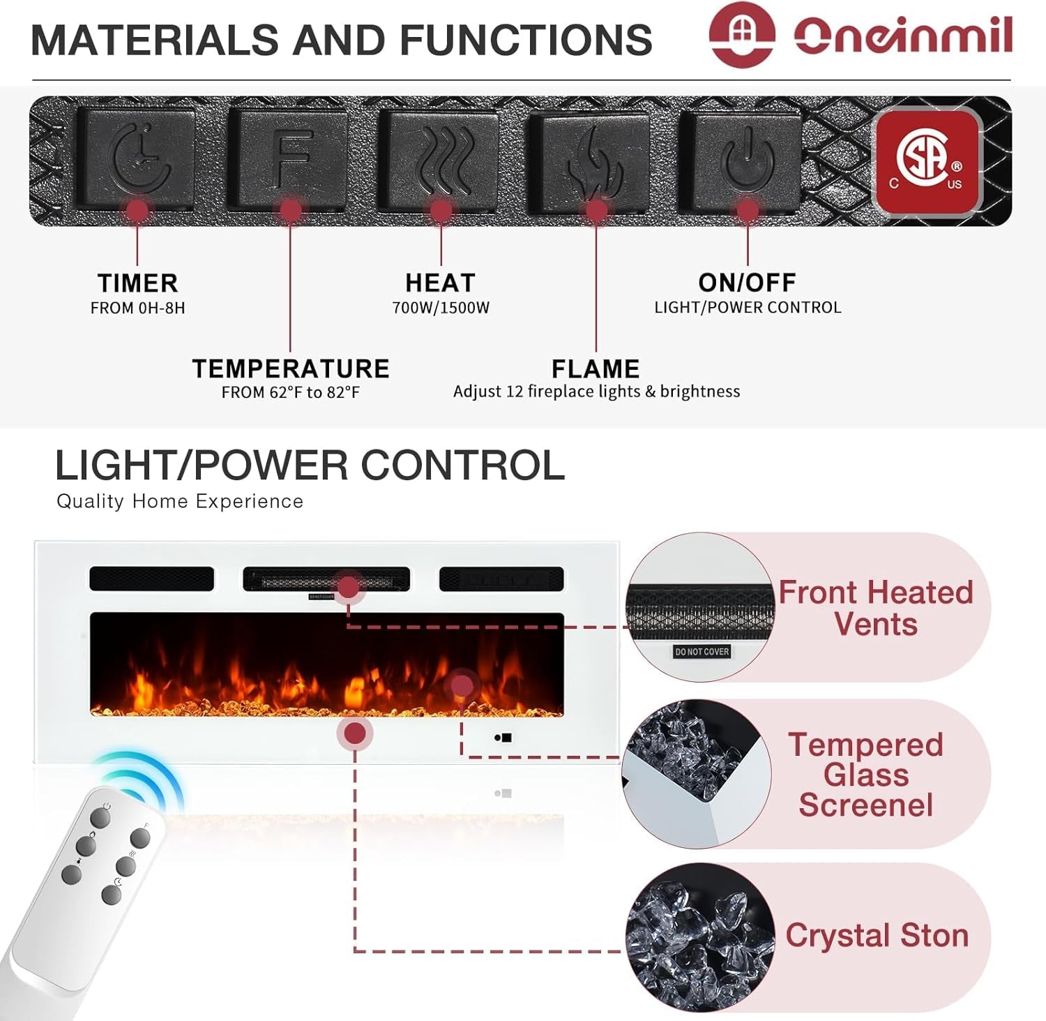 Fireplace TV Stand with 36” Electric Fireplace, 80” 2 Tier TV Console Stand for Tvs up to 90", LED Light Entertainment Center, Fireplace for the Living Room TV Stand, Black-3