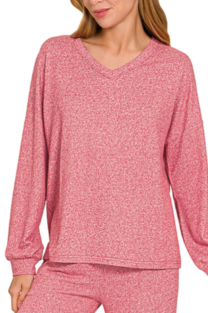 Zenana Soft Melange Long Sleeve Tee & Pants Set