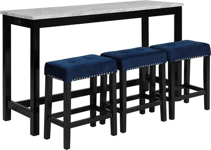 Blue Velvet Bar Table with 3 Stools, Faux Marble-1