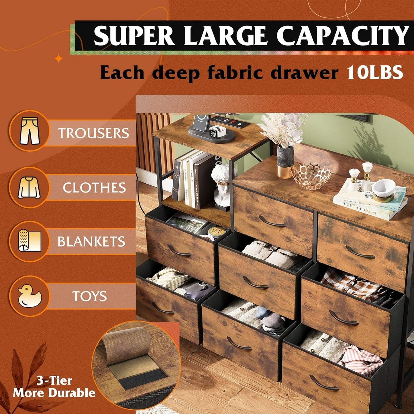 Dresser TV Stand for Bedroom with Charging Station, Wide Storage Chest of Drawers with 8 Large Fabric Drawers and Open Shelves, Storage Organizer Unit for Closet, Living Room, Rustic Brown-4