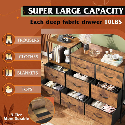 Dresser TV Stand for Bedroom with Charging Station, Wide Storage Chest of Drawers with 8 Large Fabric Drawers and Open Shelves, Storage Organizer Unit for Closet, Living Room, Rustic Brown-4